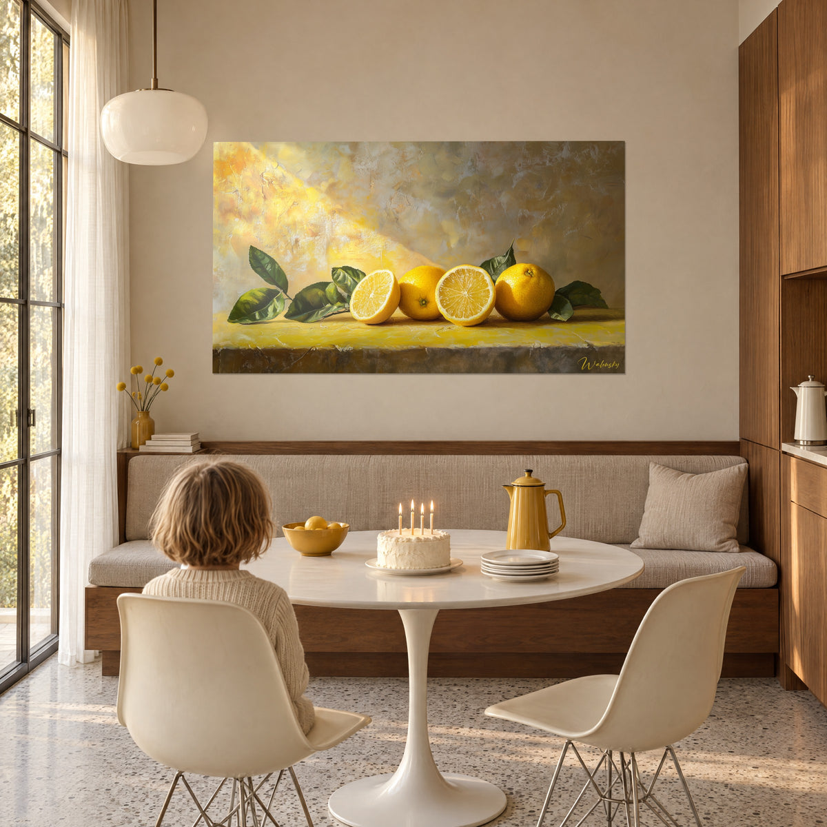 Quadro quattro limoni, due dei quali tagliati, polpa chiara radiosa, foglie smeraldo, bambino di spalle a tavola in una sala da pranzo