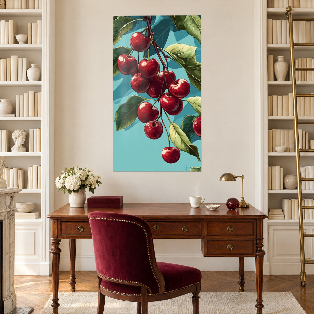 Quadro ciliegio illustrato in verde smeraldo e rosso granato, sopra una scrivania di legno e una poltrona bordeaux