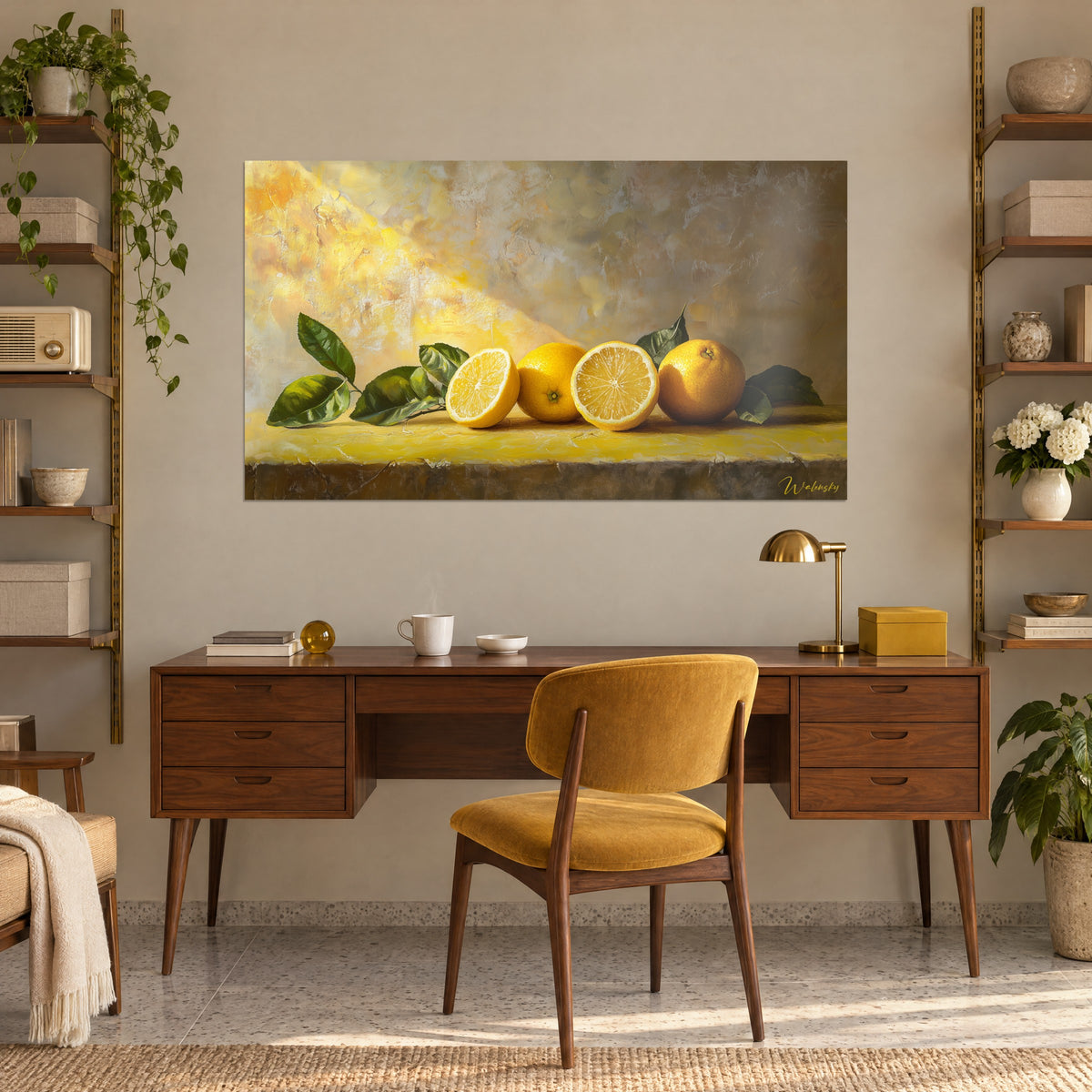 Quadro natura morta al limone con pennellate spesse, giallo sole e verde oliva, sopra una scrivania in legno anni 50