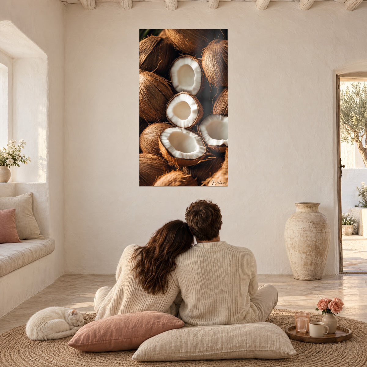 Cuadro de montón de cocos cortados, blanco lechoso y marrón rojizo, observado por una pareja de espaldas y un gato, salón mediterráneo