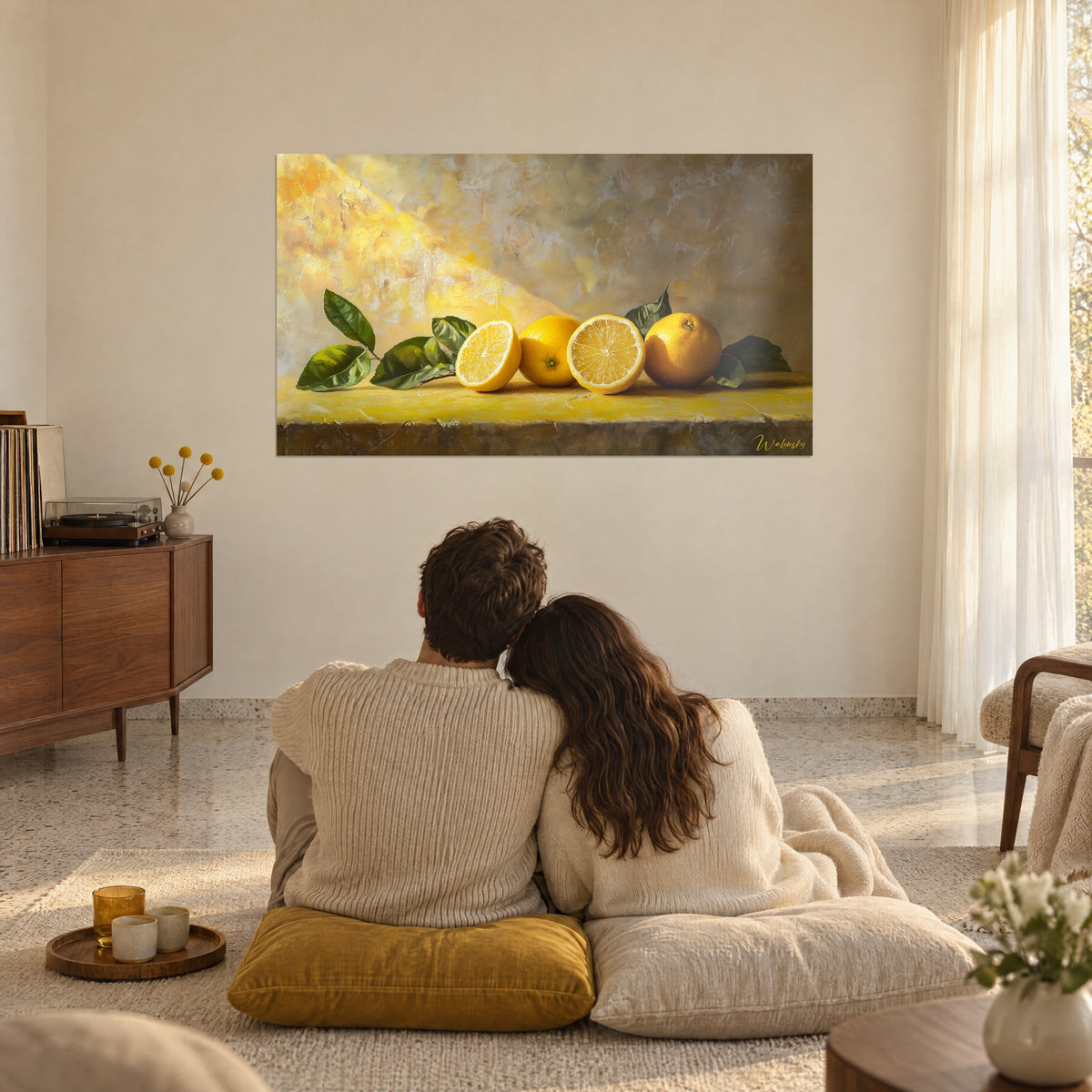 Quadro mezzi limoni luminosi e foglie scure su un bordo giallo, sfondo marrone dorato, coppia di spalle seduta su cuscini senape