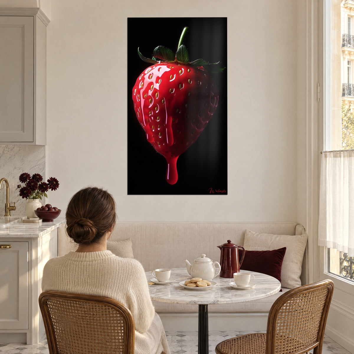Cuadro fruto púrpura brillante, semillas doradas, gota colgante sobre fondo negro, pared crema, rincón de comedor soleado con tetera
