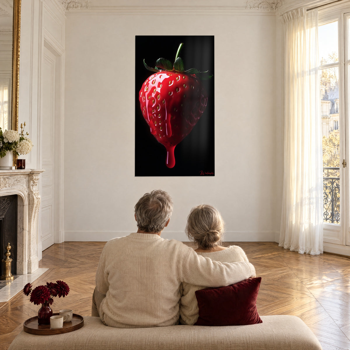 Cuadro fresa-cereza con glaseado que resbala y tallo verde sobre fondo negro, pareja en banqueta beige, salón haussmanniano