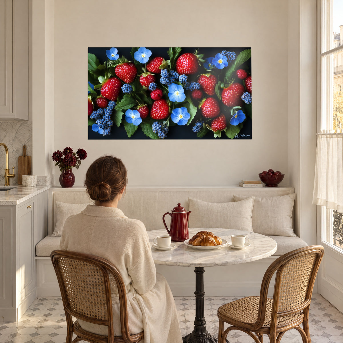 Gemälde üppiges Arrangement aus zinnoberroten Erdbeeren, Himbeeren und himmelblauen Blüten auf Schwarz, gegenüber einer Eckbank