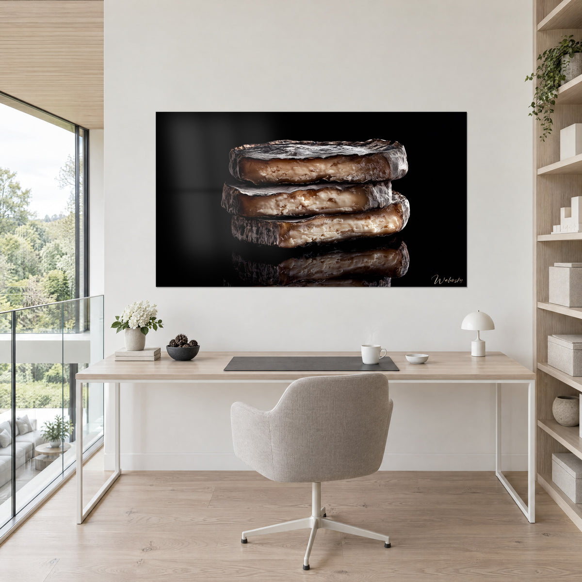 Wall art sliced goat cheese, anthracite rind and creamy interior, black mirror background, on the wall of a white office beside a shelf, Walensky
