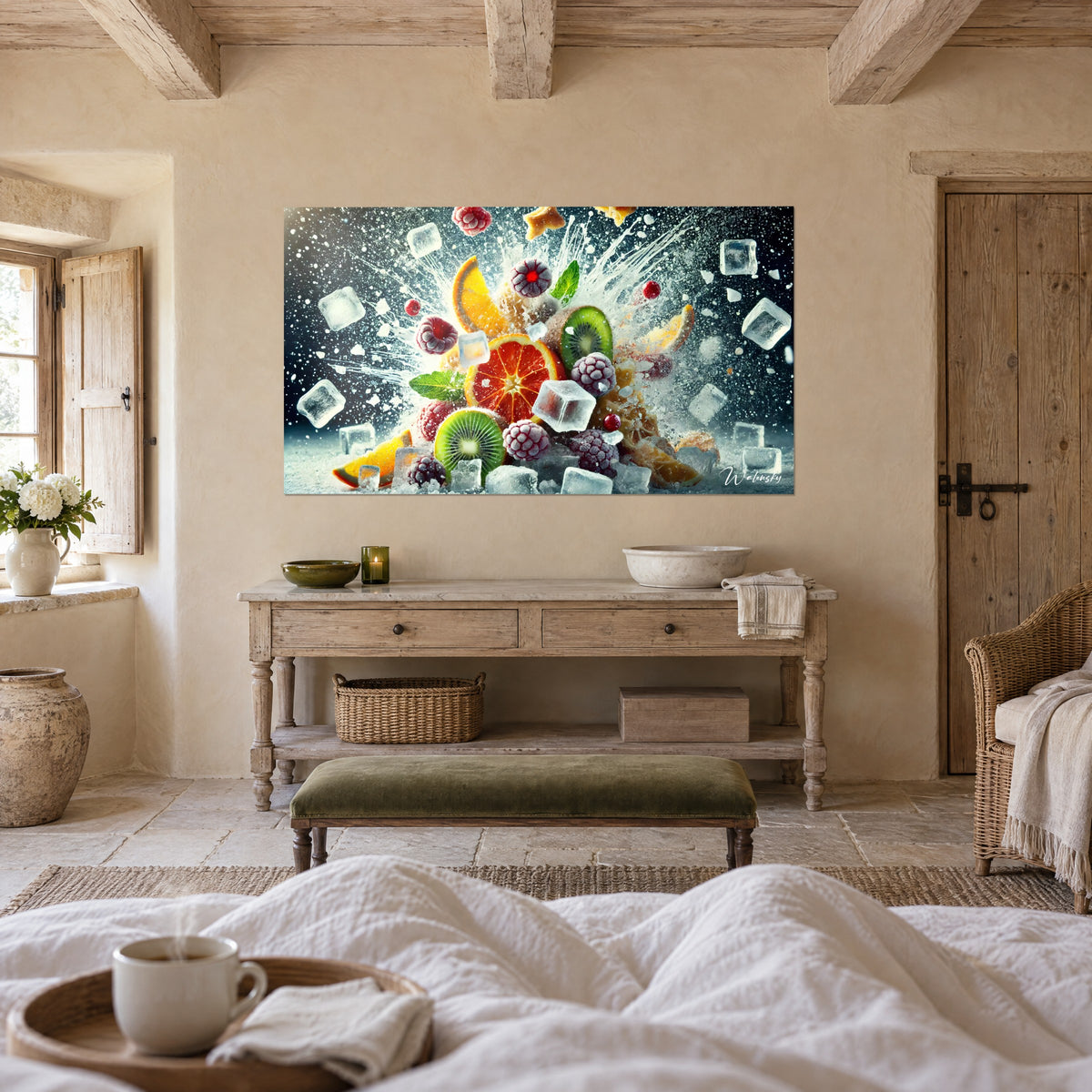 Cuadro salpicadura helada de rodajas de naranja dorada y kiwi esmeralda, frambuesas escarchadas, sobre una cama en un dormitorio luminoso