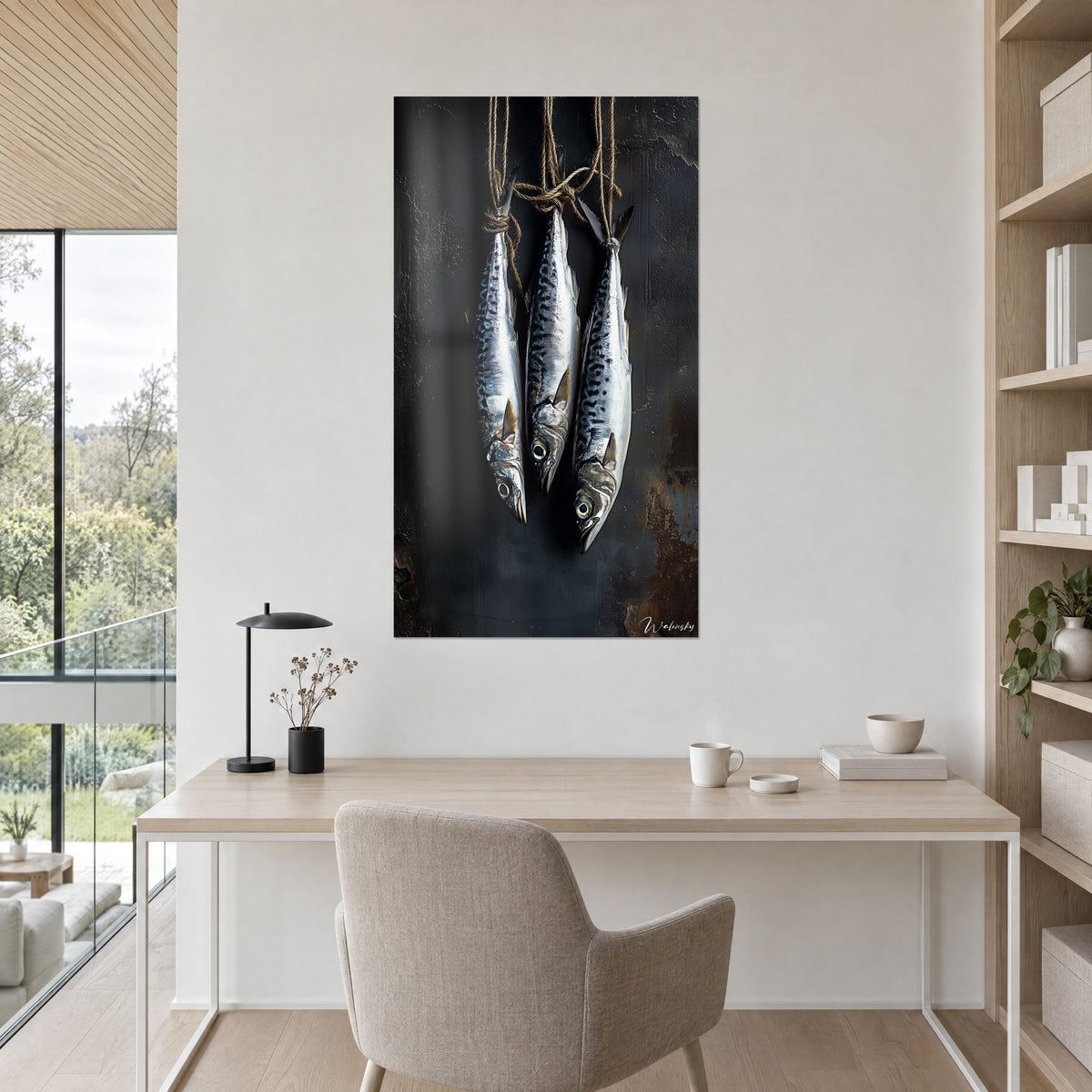 Cuadro de naturaleza muerta de pescados colgados, reflejos plateados y toques naranja óxido, fondo negro patinado, despacho de madera clara