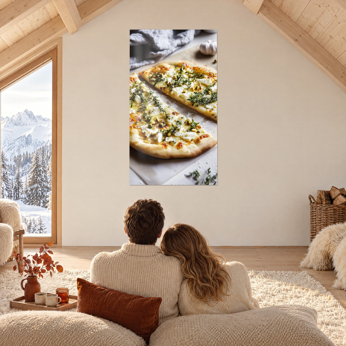 Cuadro pizza de queso de cabra y tomillo, corteza ocre caramelizada, queso blanco cremoso, buhardilla de chalet con vistas a las cumbres