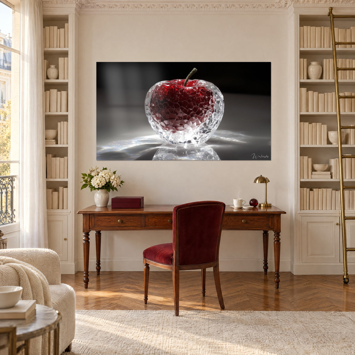 Cuadro manzana translúcida agrietada, corazón burdeos brillante sobre fondo gris ceniza, entre dos estanterías de oficina