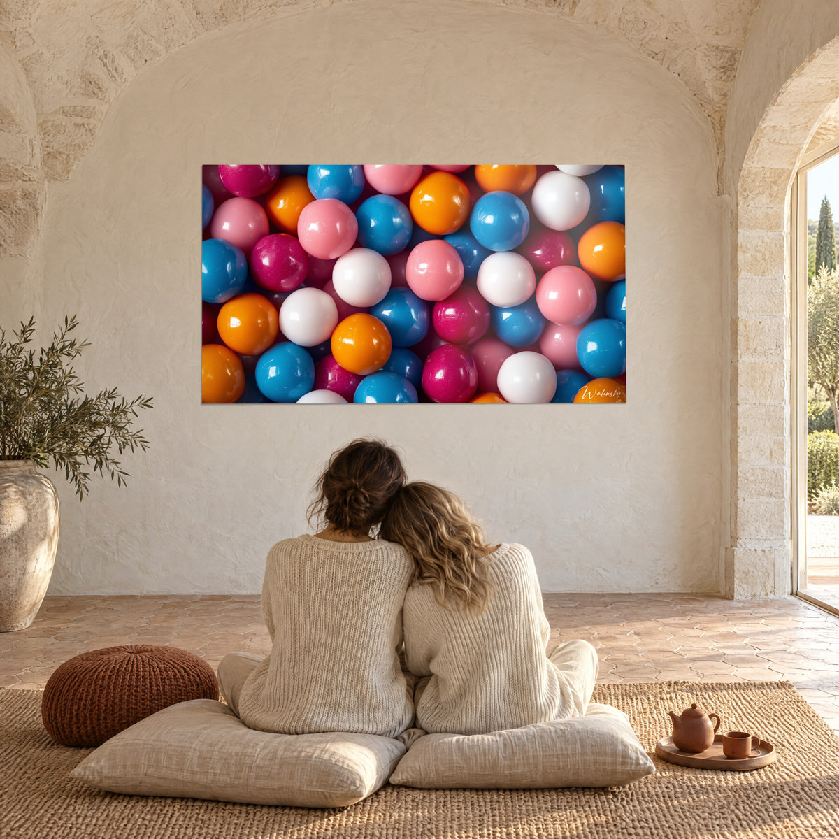 Cuadro de bolitas de azúcar multicolor con reflejos escarchados, pareja de espaldas sentada en cojines, mas provenzal