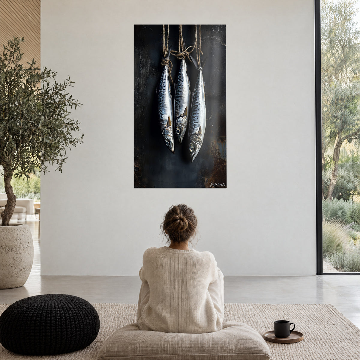 Cuadro de trío de caballas cromadas, cordón de yute trenzado, fondo antracita y tonos cobrizos oxidados, salón bañado en luz natural
