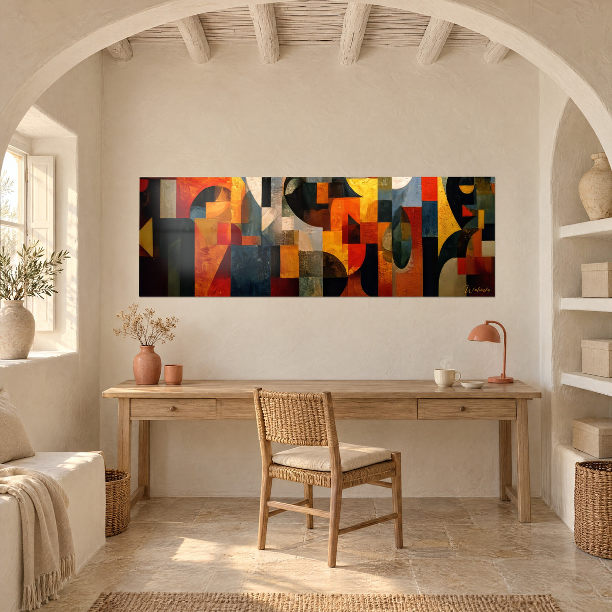 Schilderij modern tribal mozaïek in donkerturquoise en gebrand oranje, panoramisch, boven een bureau van licht hout en een geweven stoel