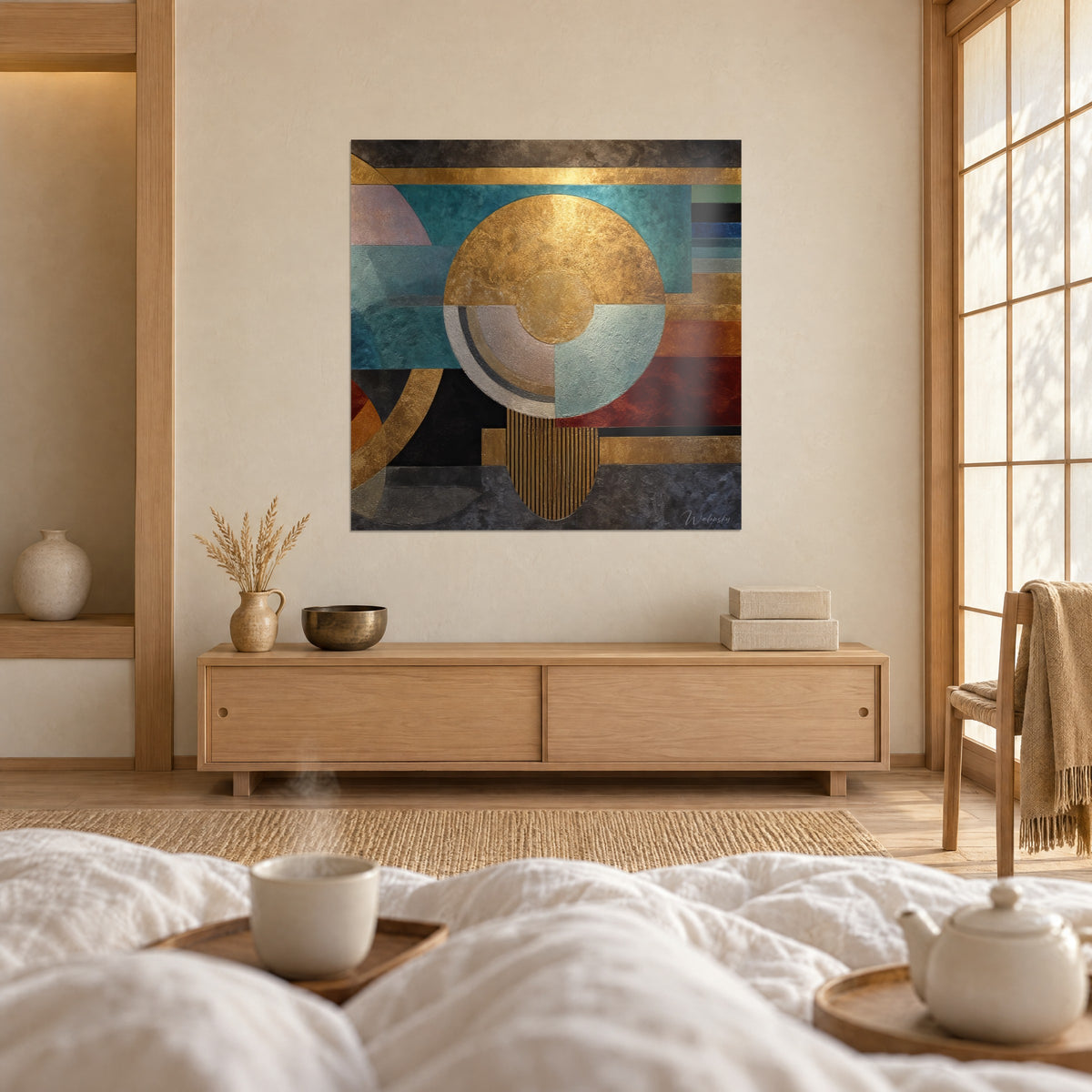 Tableau soleil d'or aux arcs argentés et turquoise, couple de dos assis sur un lit, au-dessus d'un lit dans une chambre claire