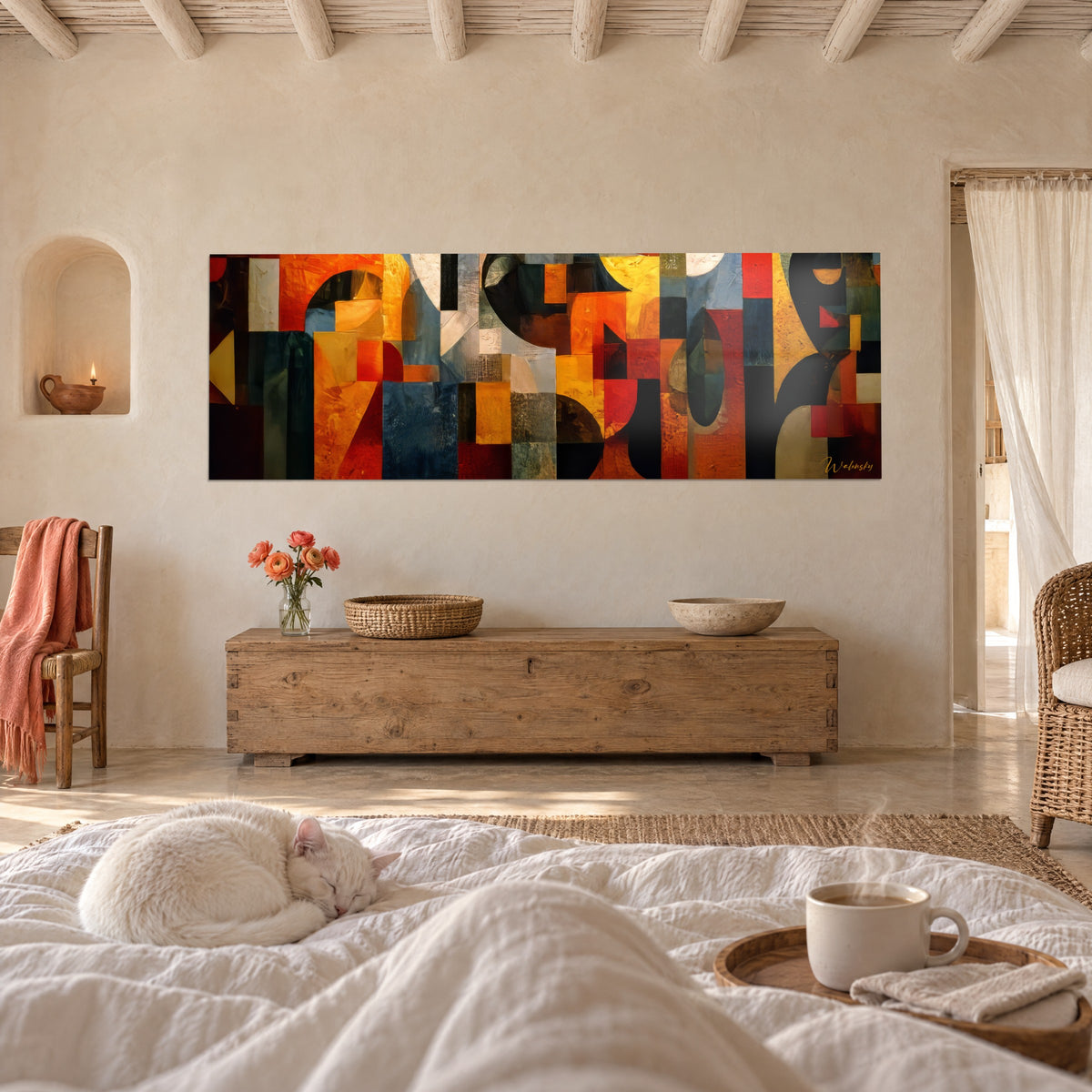 Schilderij collage van afgeronde vormen in saffraangeel en zwart, boven een bed in een lichte slaapkamer gehangen, witte kat liggend