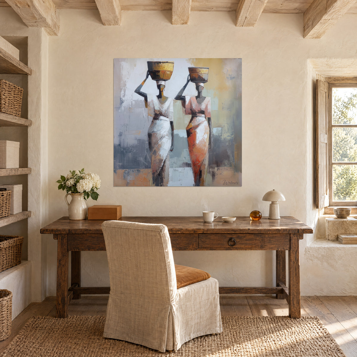 Wall art pair of water carriers with copper jars, white and rust dresses, pale turquoise background, above a raw wood desk