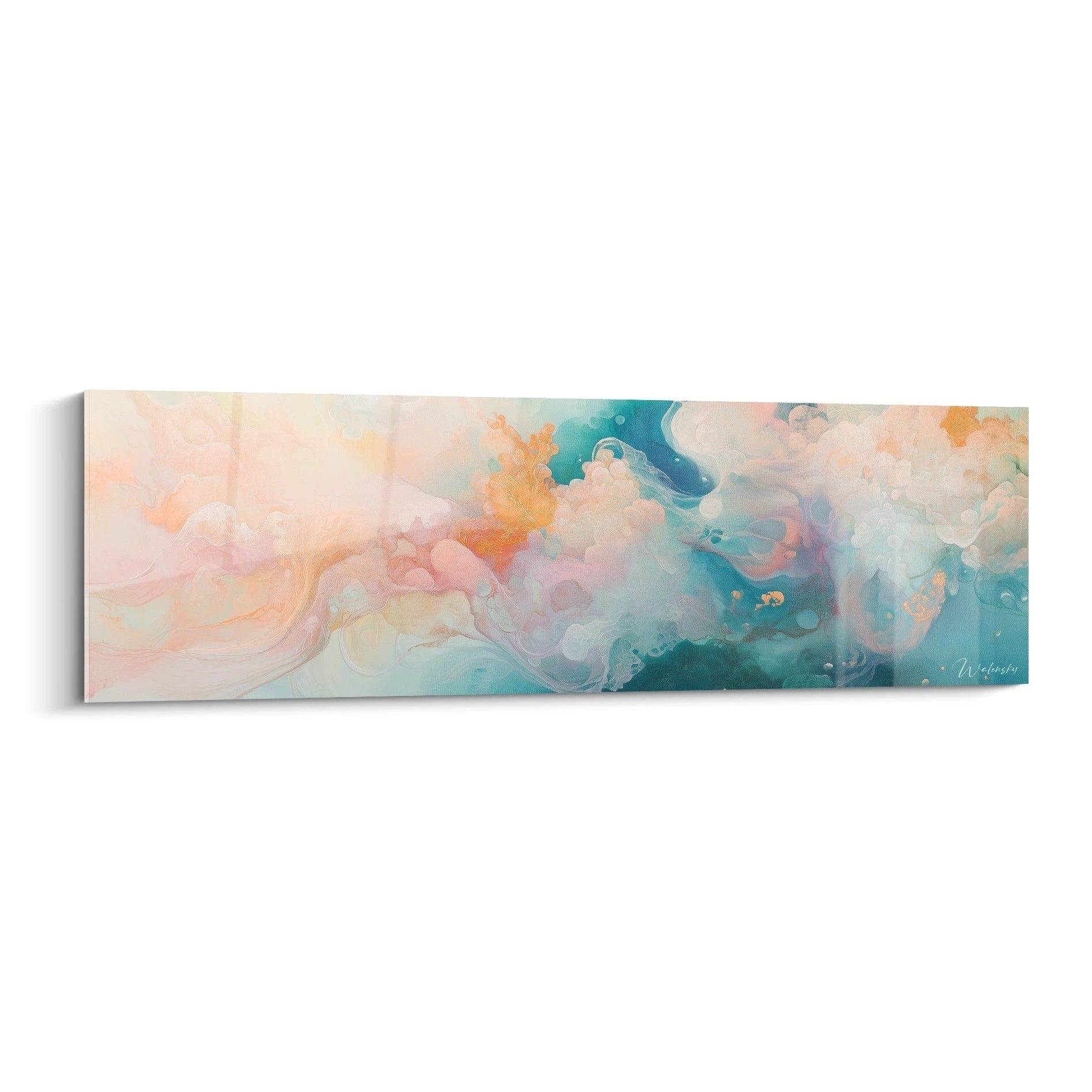 Tableau moderne abstrait de Walensky avec des nuages colorés en bleu et rose sur une toile panoramique