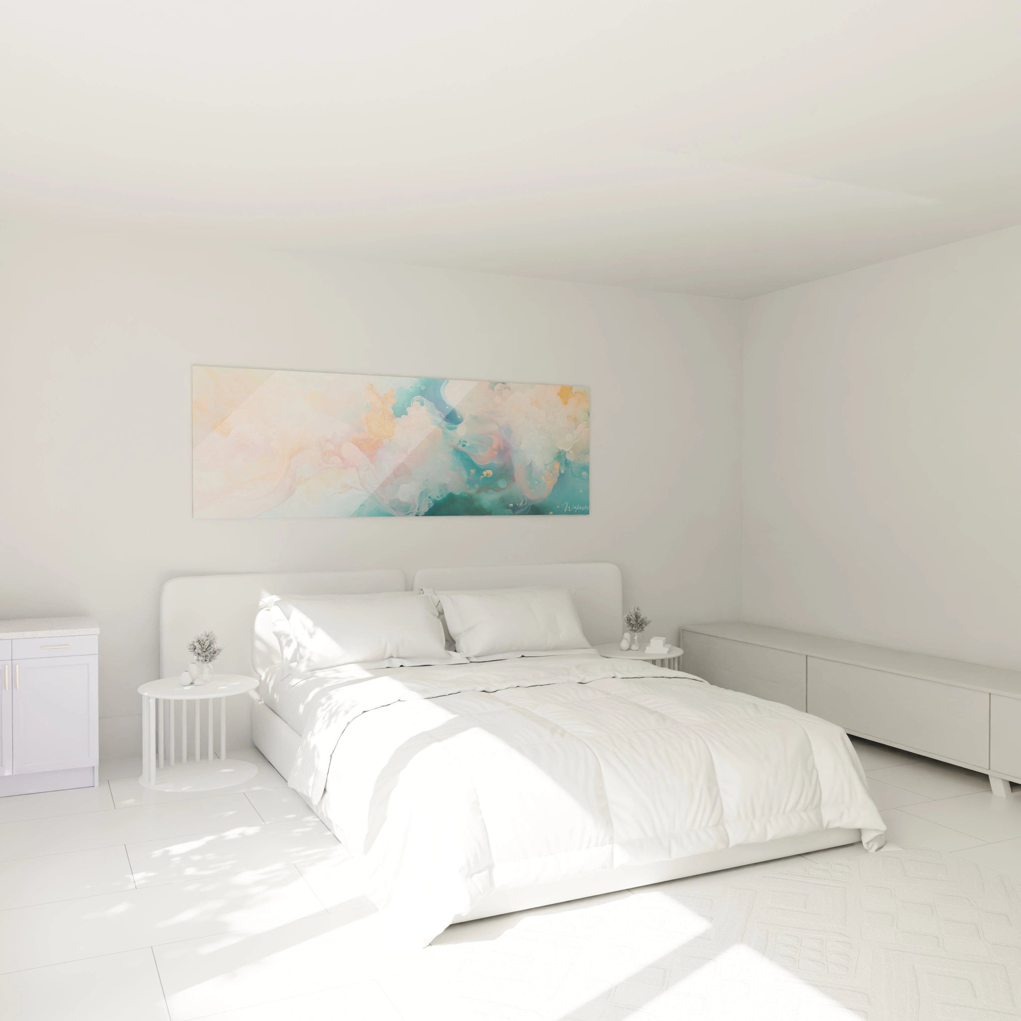 Tableau moderne abstrait de Walensky avec des nuances de bleu et de rose, décorant une chambre minimaliste