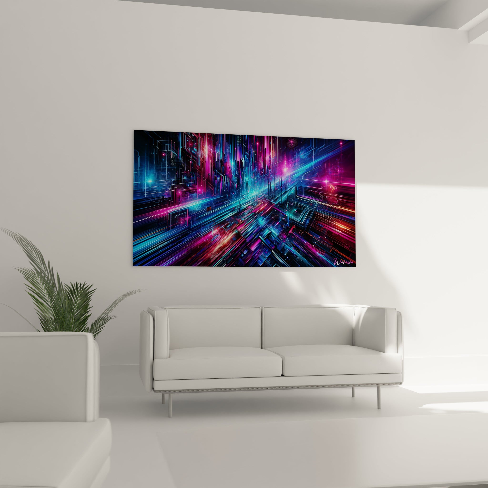 Tableau abstrait montrant un paysage urbain futuriste vu d'en haut. Spectre coloré limité au bleu turquoise, rose vif et violet avec traces orangées. Effet visuel de circuits imprimés avec lignes droites illuminées et formes angulaires. Composition dynamique avec point de fuite central et tracés lumineux évoquant flux de données.

