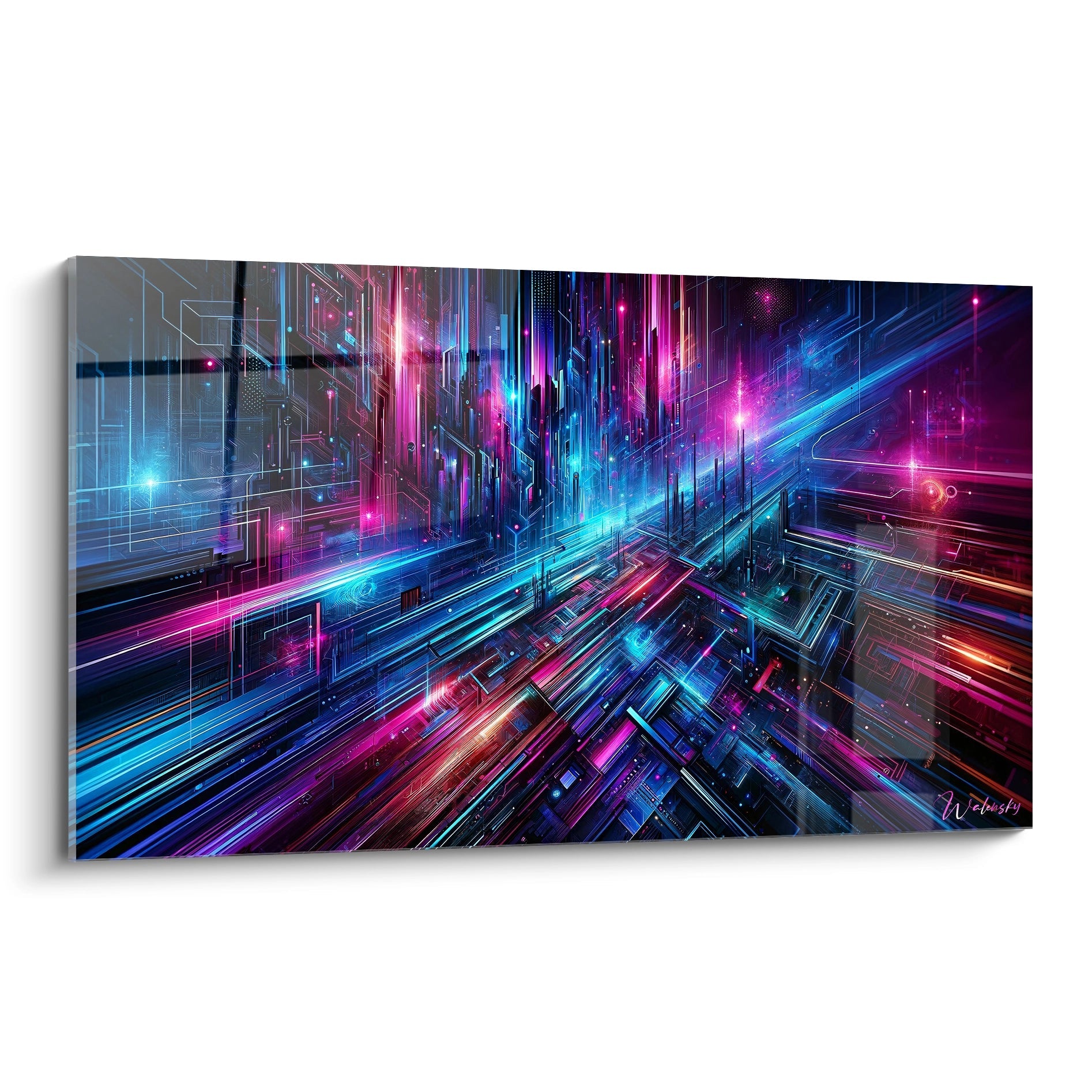 Tableau abstrait représentant un réseau technologique en perspective. Dominantes de bleu électrique, rose magenta et violet sur fond noir profond. Texture géométrique avec lignes lumineuses entrecroisées et motifs rectangulaires. Composition en vue plongeante avec effet de profondeur créé par des faisceaux lumineux et structures quadrillées.
