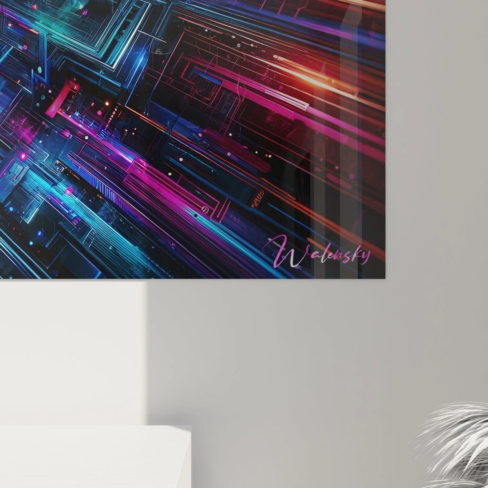 Tableau abstrait présentant une architecture digitale en trois dimensions. Gamme chromatique de bleu cyan, rose fuchsia et mauve sur fond noir. Texture technique combinant grilles, cadres géométriques et traînées lumineuses. Motif structuré avec lignes directionnelles convergentes et rectangles imbriqués créant une impression de vitesse et de profondeur.

