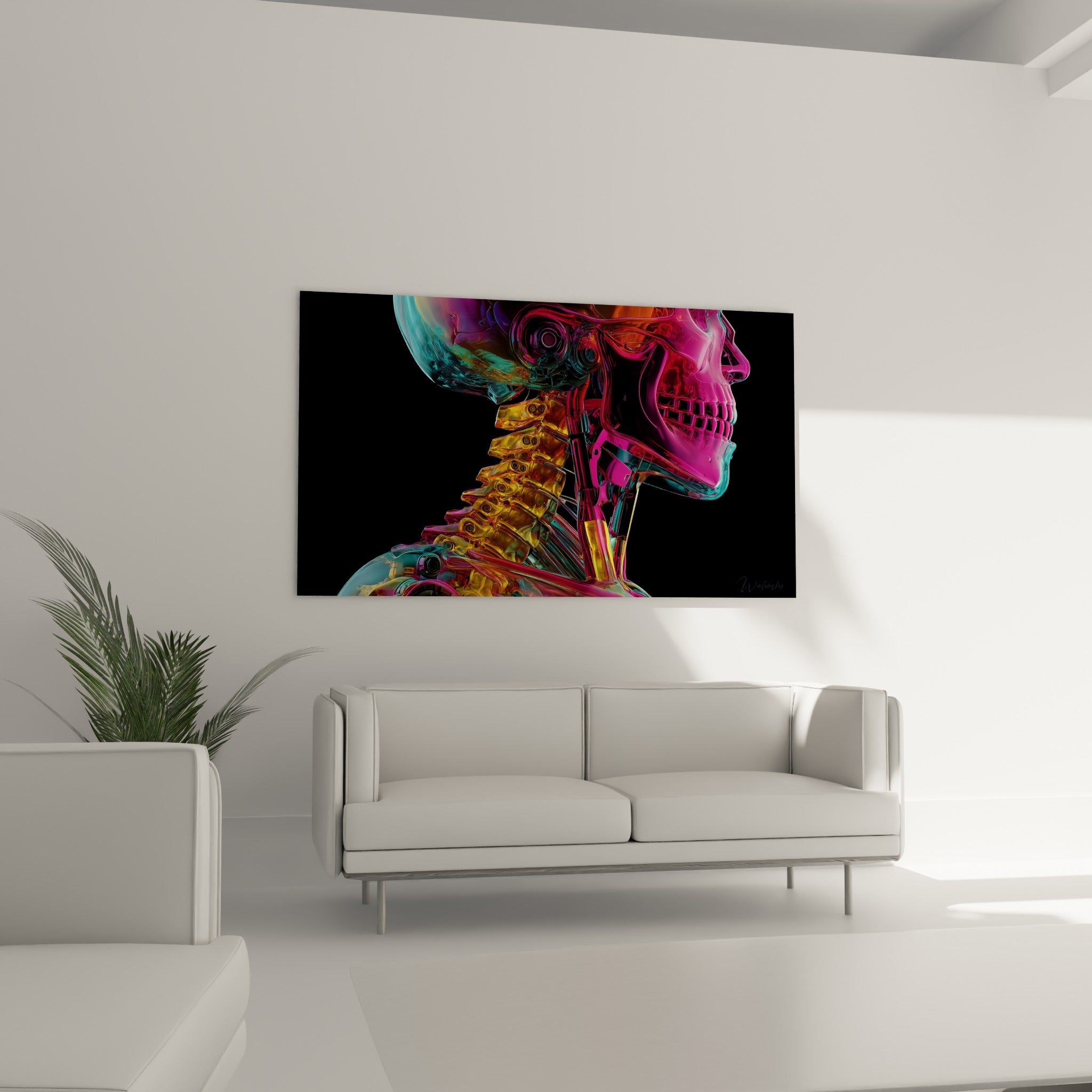 Anatomie mécanique Cyberpunk turquoise et rose au-dessus d'un canapé dans un salon lumineux