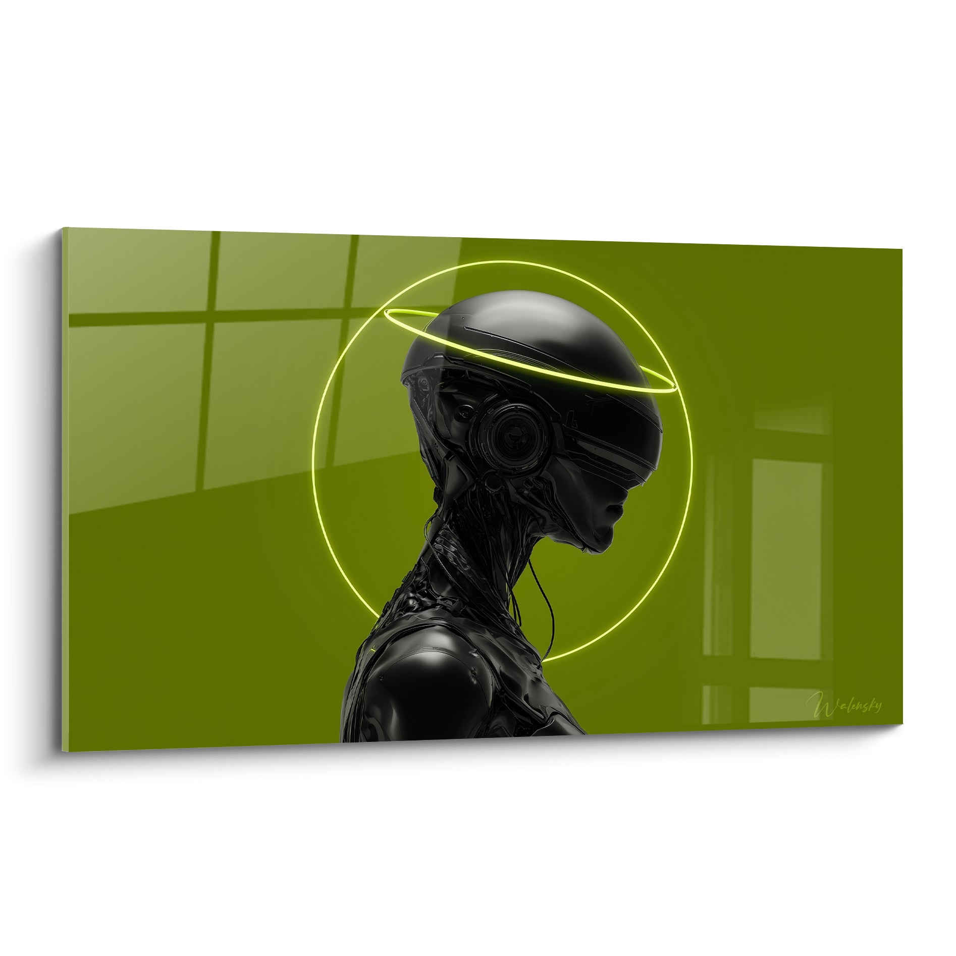 Androïde noir au profil casqué, halo vert fluorescent circulaire, fond vert olive lumineux et texturé