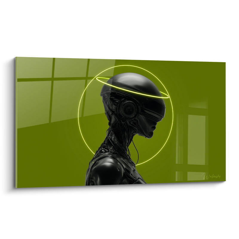 Tableau Androïde noir au halo vert fluorescent - Éveil mécanique - Edition Cyberpunk