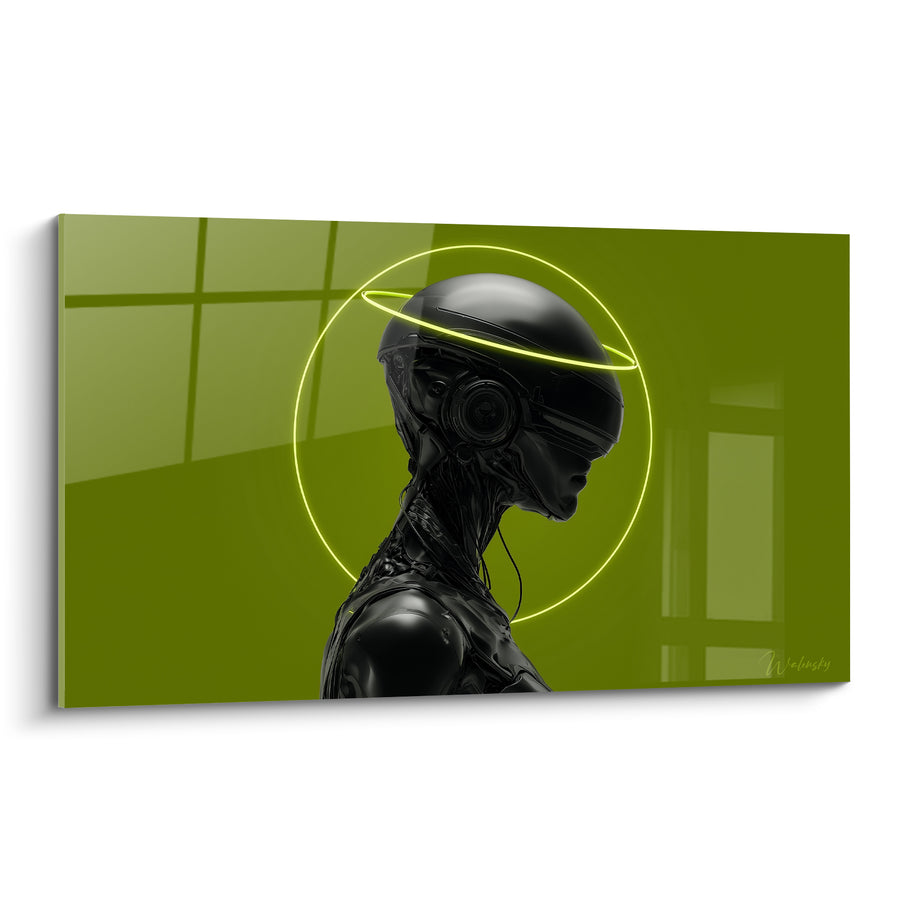 Black Android Painting with Fluorescent Green Halo - Mechanical Awakening - Cyberpunk Edition