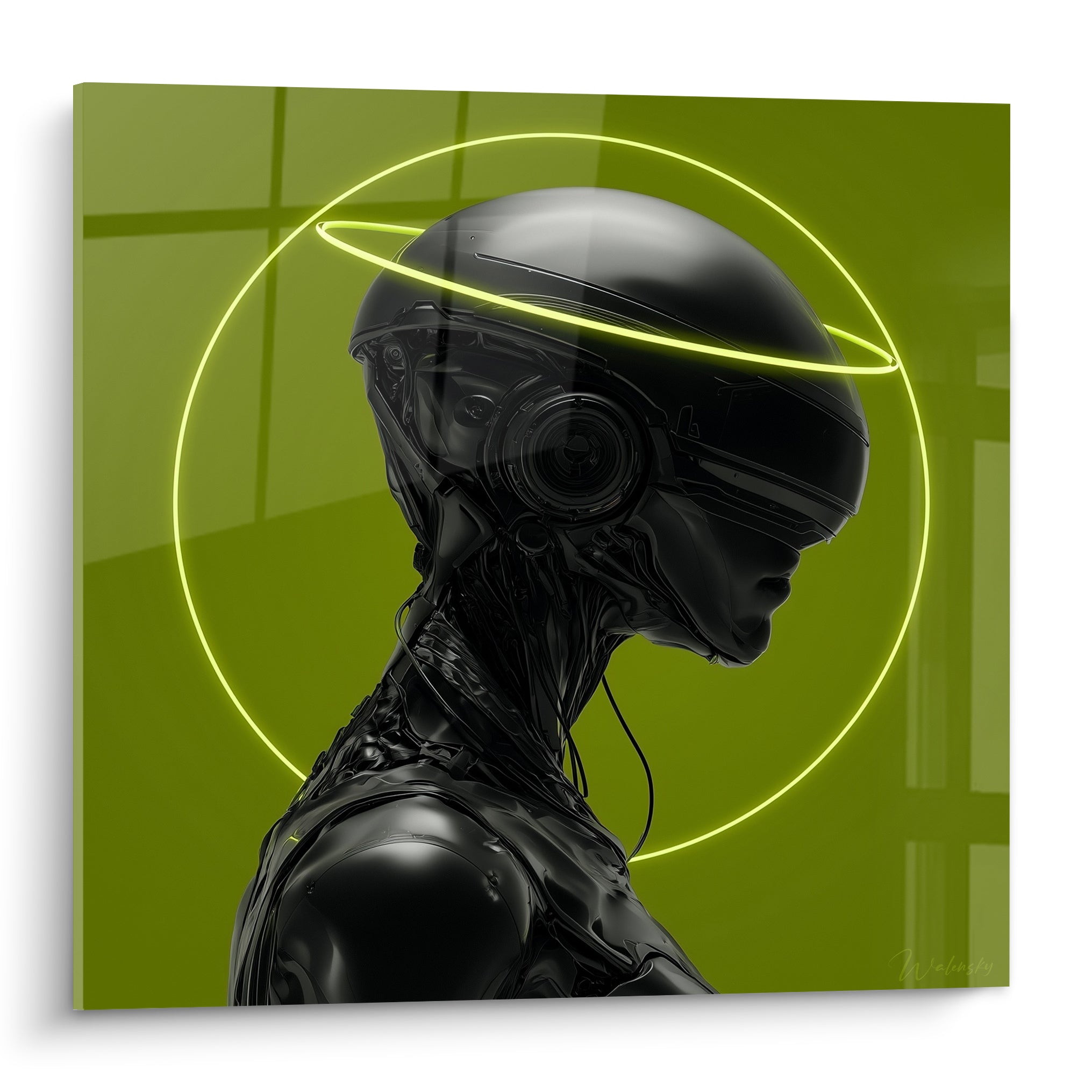 Androïde noir de profil, halo jaune fluo sur fond vert olive, style Cyberpunk graphique