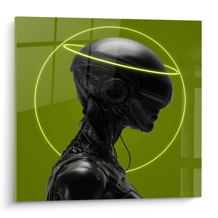 Black Android Painting on Vivid Green Background - Artificial Awakening - Cyberpunk Edition