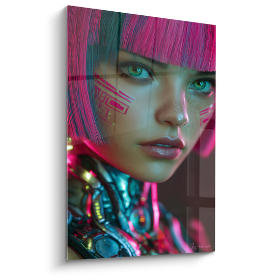 Dipinto Androide con Capelli Rosa e Occhi Verdi - Sguardo Meccanico - Edizione Cyberpunk
