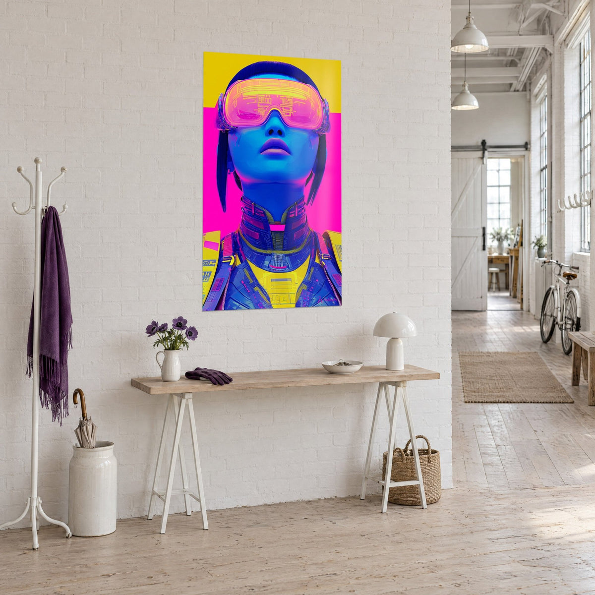 Tableau portrait futuriste aux lunettes holographiques orange, peau bleue et col métallique violet, sur un mur blanc du loft
