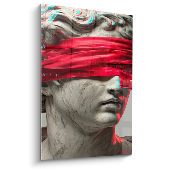Buste antique en marbre gris voilé d'un bandeau rouge glitché aux reflets turquoise, style Cyberpunk