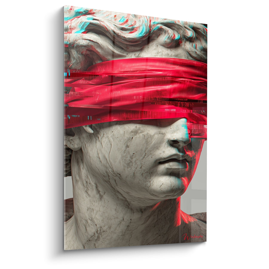 Antique Bust Gray with Satin Red Band - Veined Cyan Marble - Cyberpunk Edition