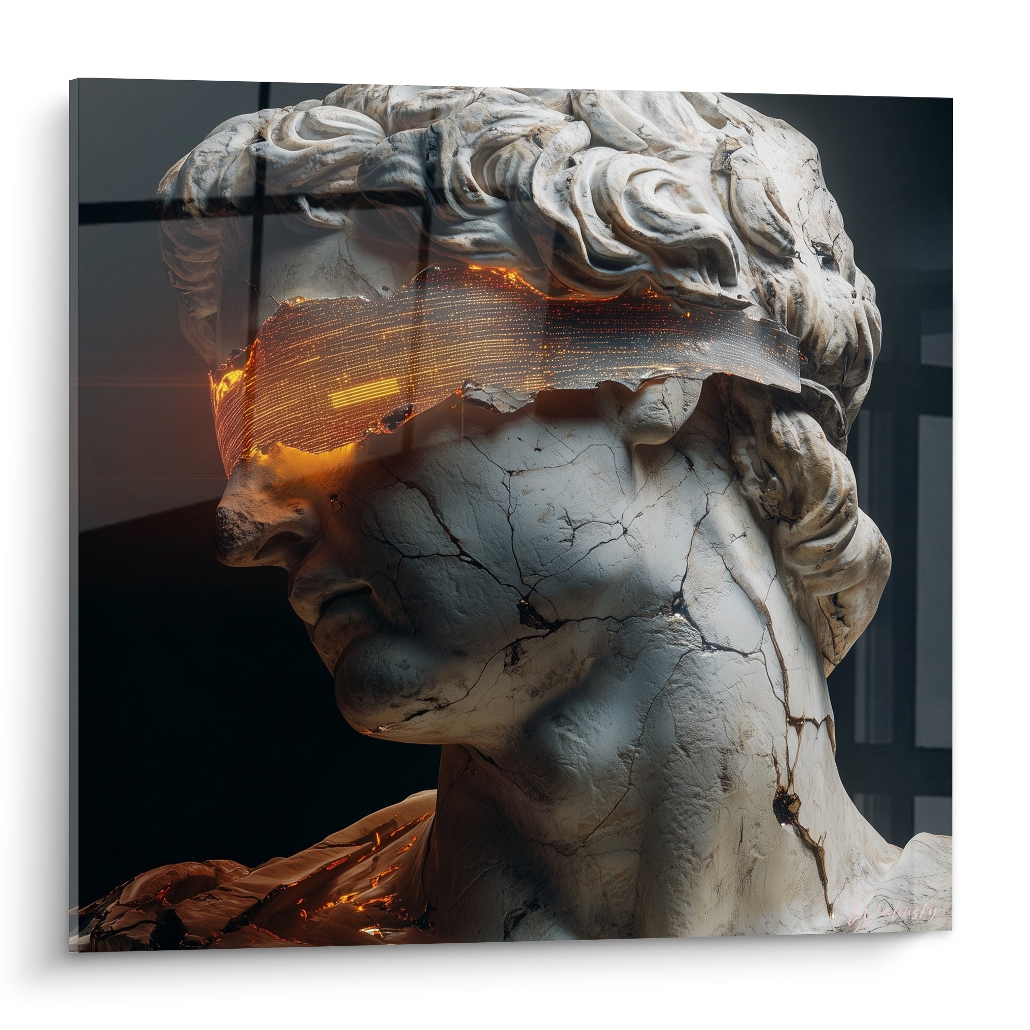 Buste antique de marbre blanc fissuré, bandeau lumineux orange fauve traversant le visage, style Cyberpunk