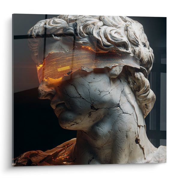 Cuadro Busto antiguo agrietado con banda de luz naranja - Visión confiscada - Edición Cyberpunk