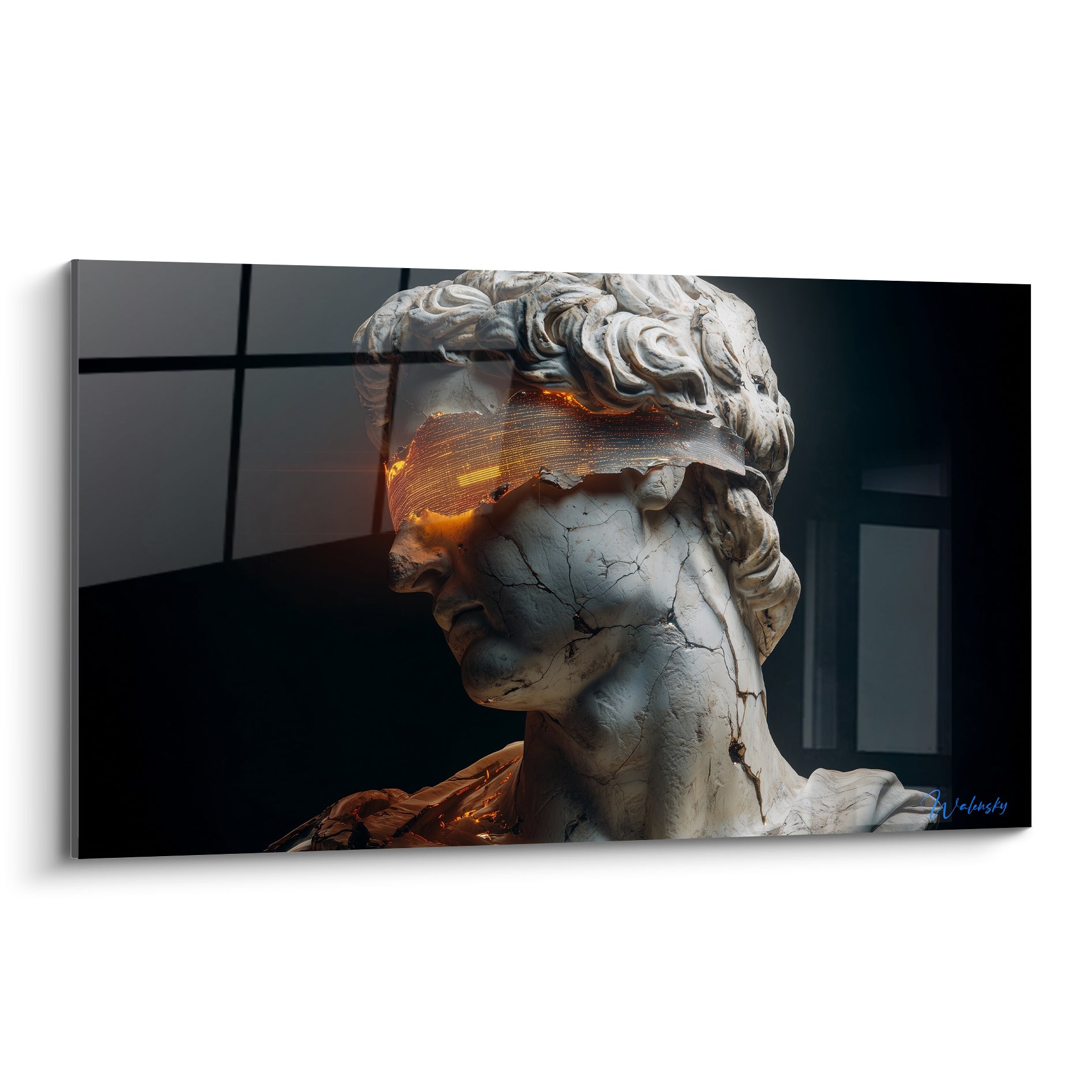 Buste de marbre blanc fissuré au bandeau lumineux orange doré, profil sombre et intense