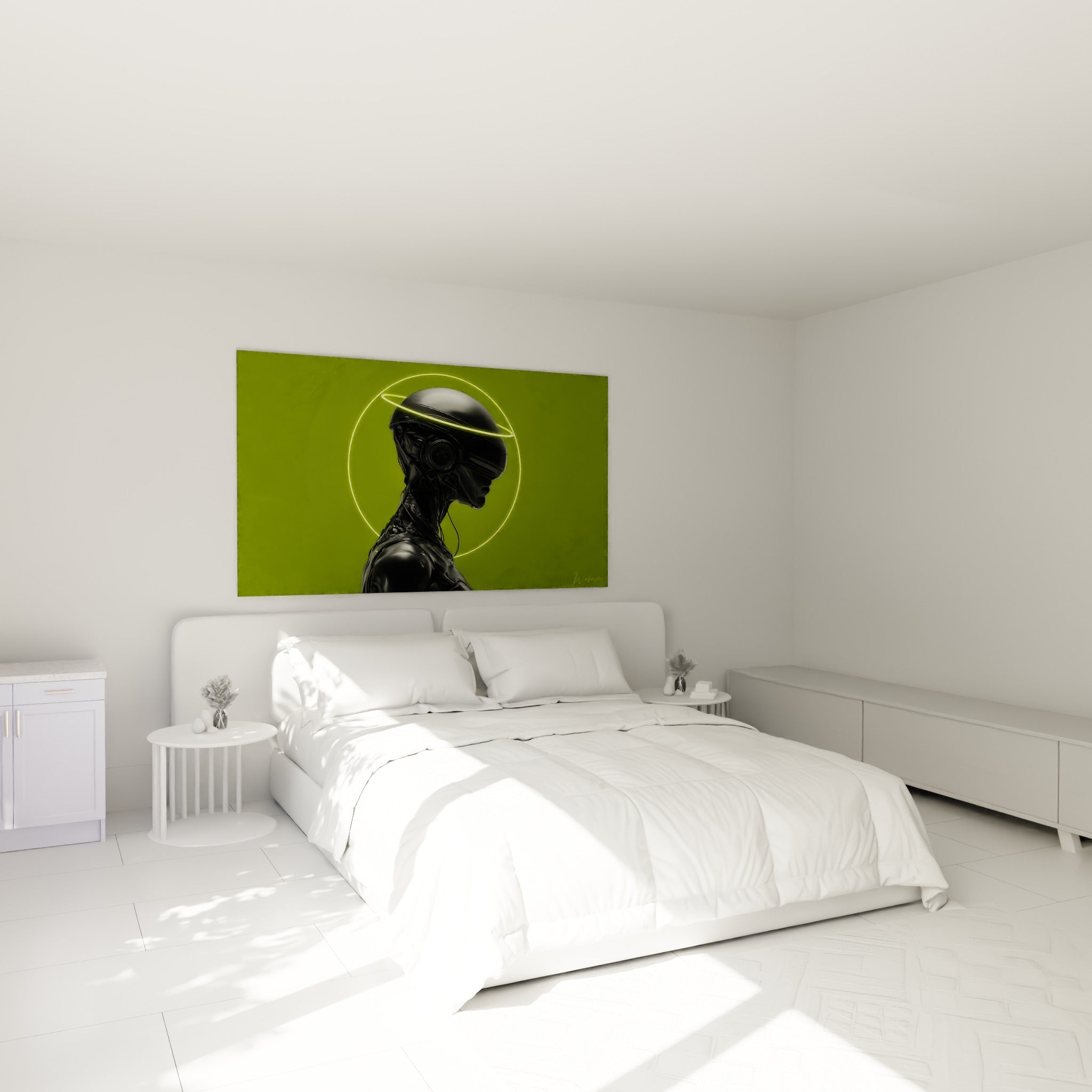 Buste mécanique noir cerné de vert fluo au-dessus d'un lit dans une chambre claire