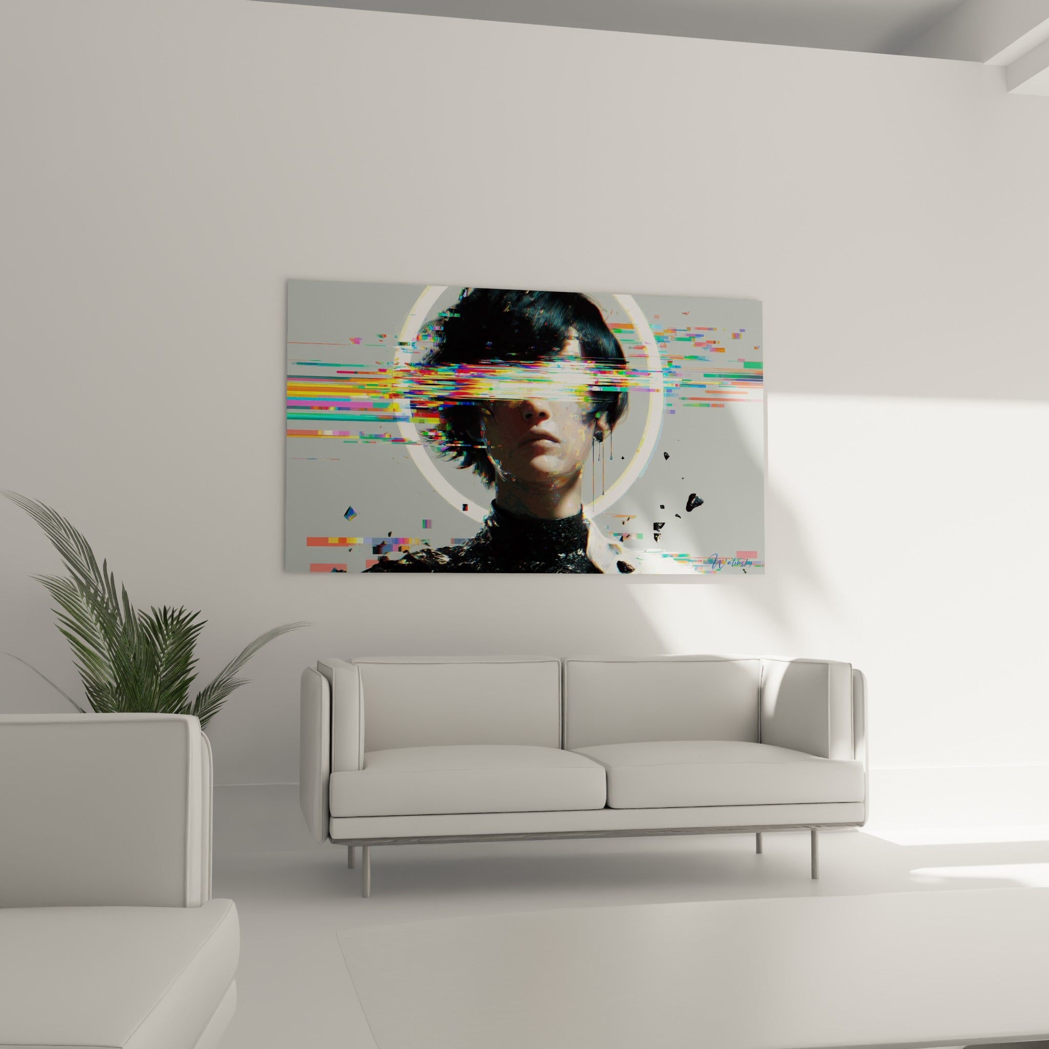 Buste fragmenté par des bandes de pixels bleu et orange, suspendu au-dessus d'un canapé dans un salon lumineux