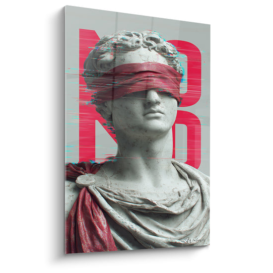 Buste romain gris et bandeau rouge écarlate au regard voilé, glitch numérique cyan en fond