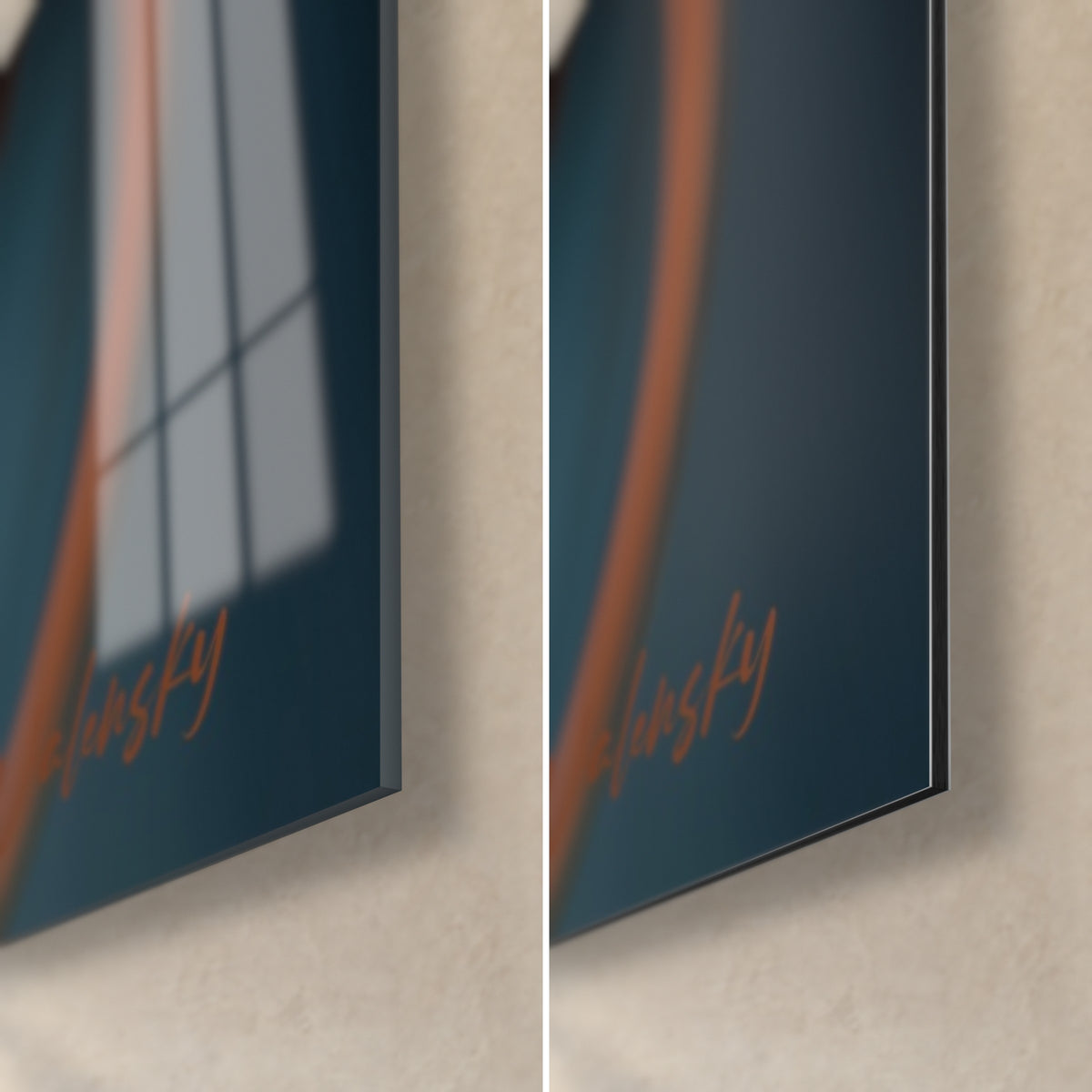 Cuadro rostro con casco y visera naranja, esquina inferior derecha sobre cristal acrílico brillante y Dibond de aluminio mate, canto de 3 mm, firma naranja