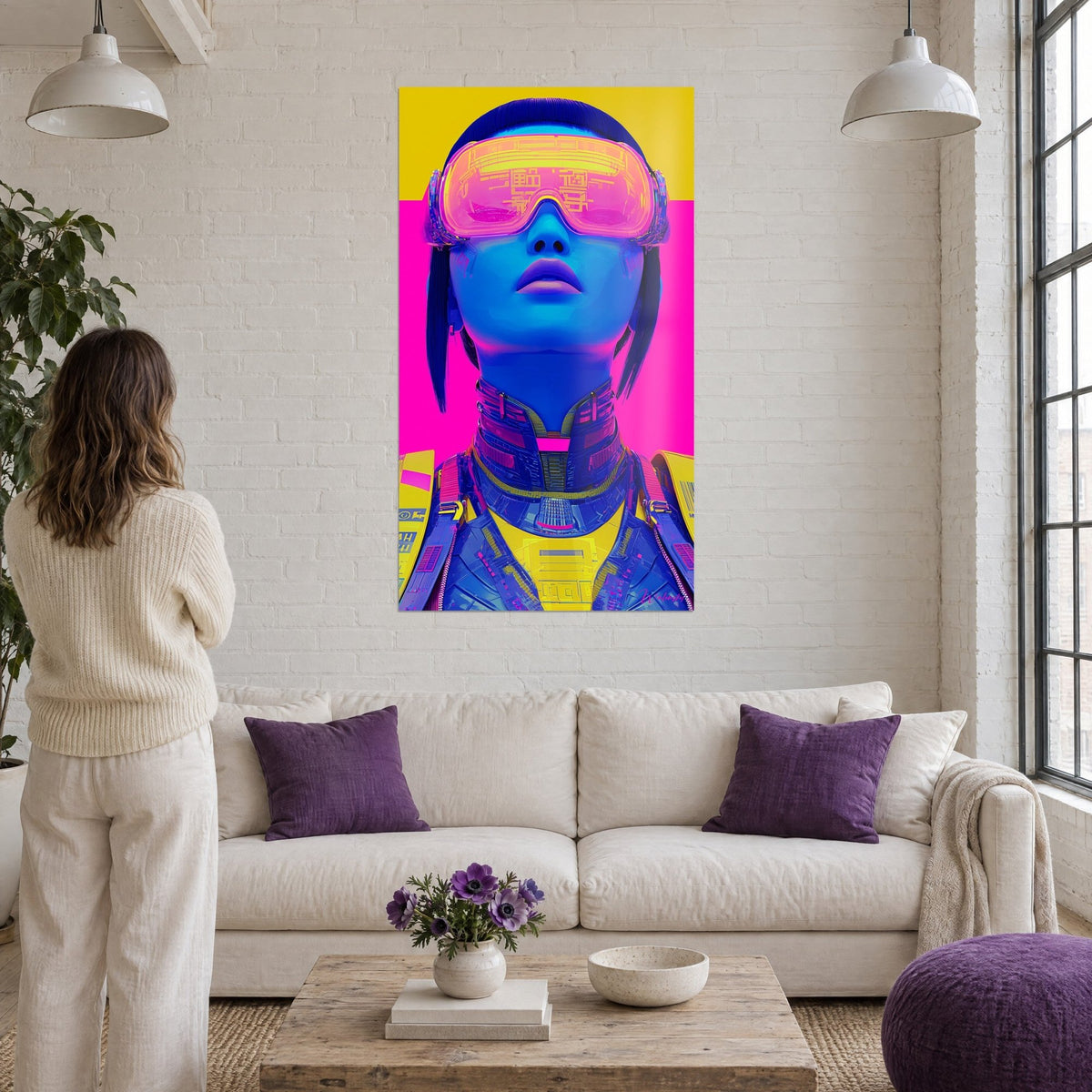 Tableau femme cyborg au casque jaune et rose, visage bleu cobalt, sur fond magenta, au-dessus d'un canapé dans un salon lumineux