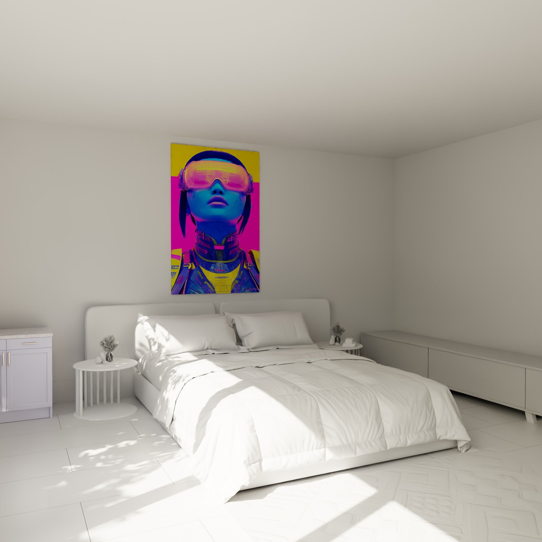 Visage bleu électrique sous casque rose et jaune, tableau Cyberpunk au-dessus d'un lit dans une chambre claire