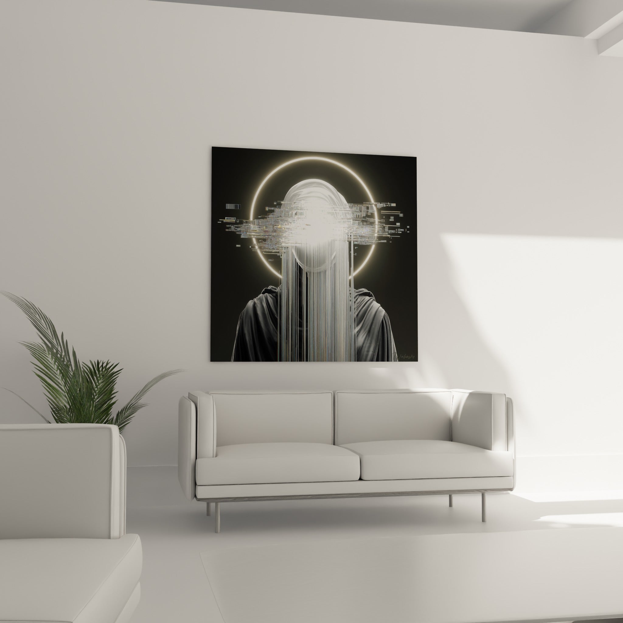 Personnage Cyberpunk voilé, cercle blanc éclatant et fragments argentés, au-dessus d'un canapé dans un salon lumineux