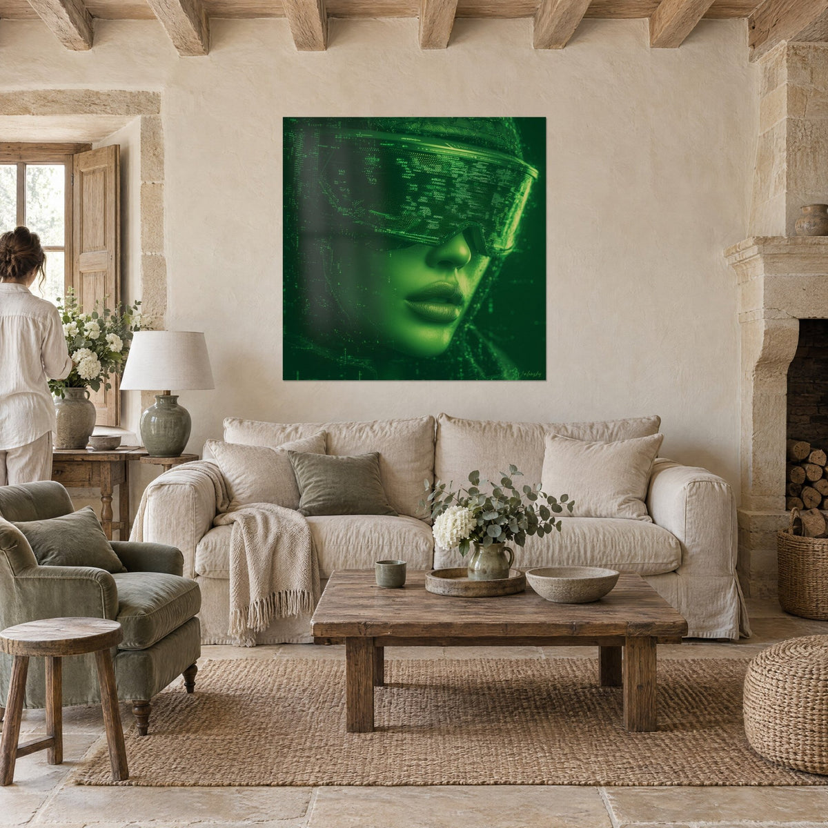 Quadro volto di donna sotto visiera digitale, verde smeraldo e nero, codici luminosi, sopra un divano in un soggiorno luminoso