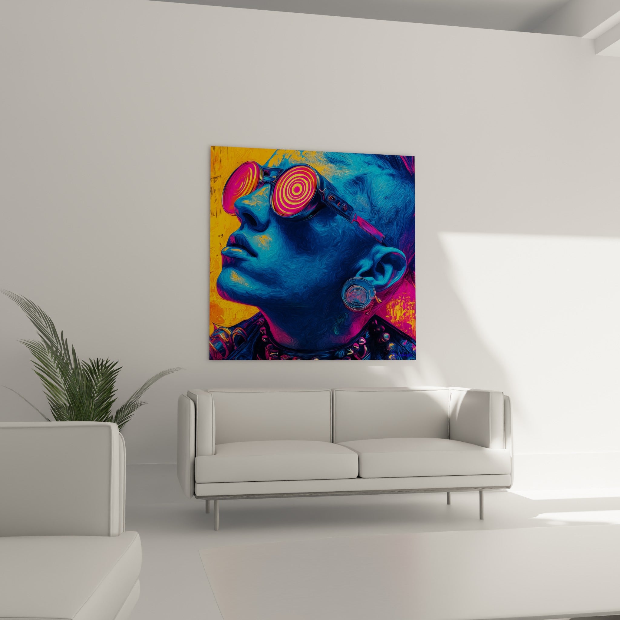 Silhouette bleue au col clouté violet, tableau Cyberpunk au-dessus d'un canapé dans un salon lumineux