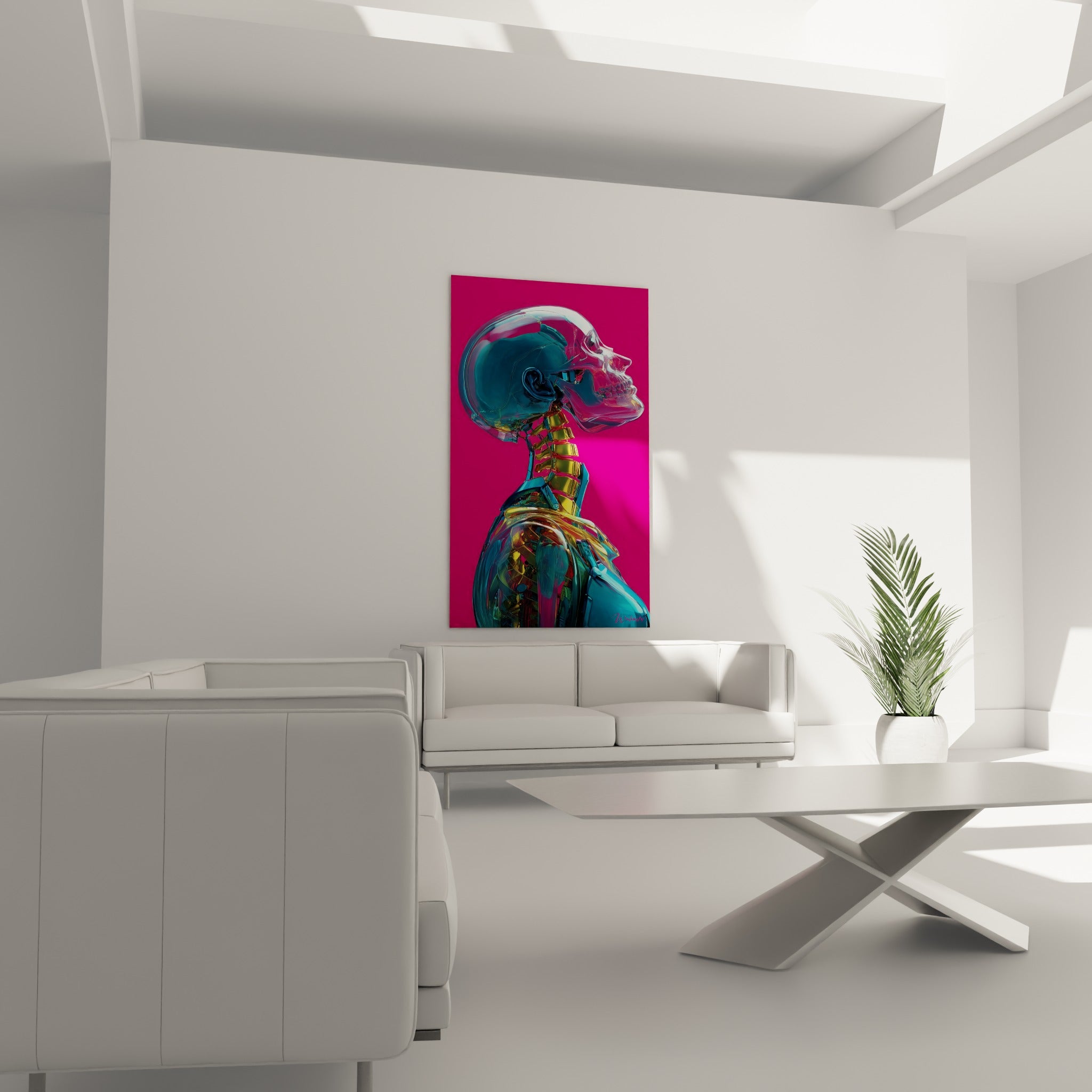 Silhouette osseuse turquoise et dorée sur fond rose fuchsia, au-dessus d'un canapé dans un salon lumineux