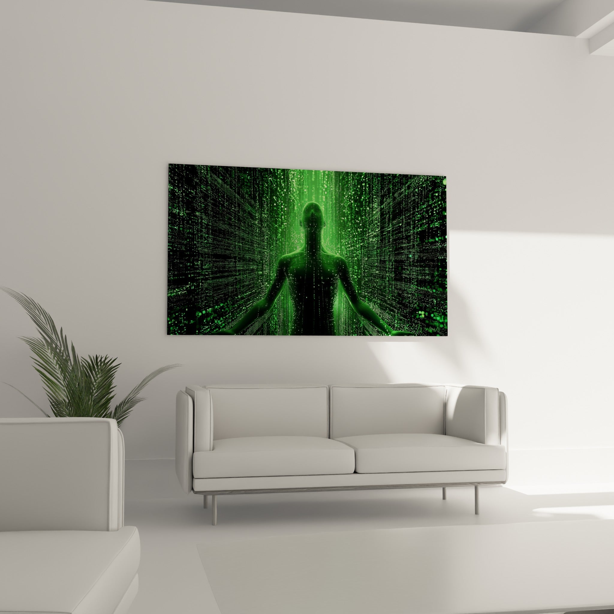Corps digital vert émeraude et noir au-dessus d'un canapé dans un salon lumineux