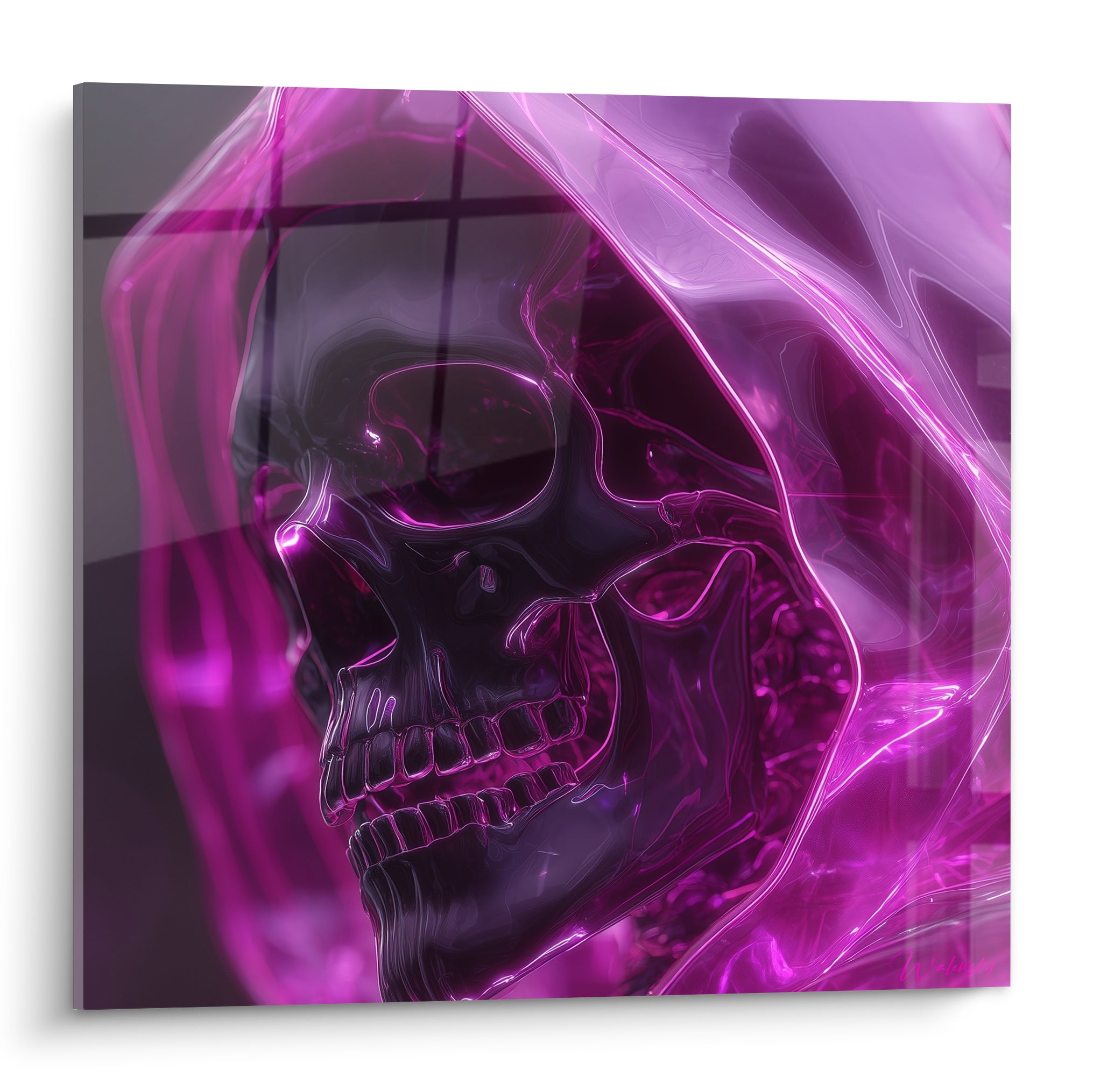 Crâne noir sous capuche magenta liquide, style Cyberpunk aux reflets pourpres intenses