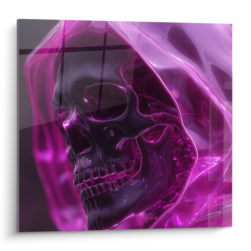 Tableau Crâne noir sous capuche magenta liquide - Spectre digital - Edition Cyberpunk
